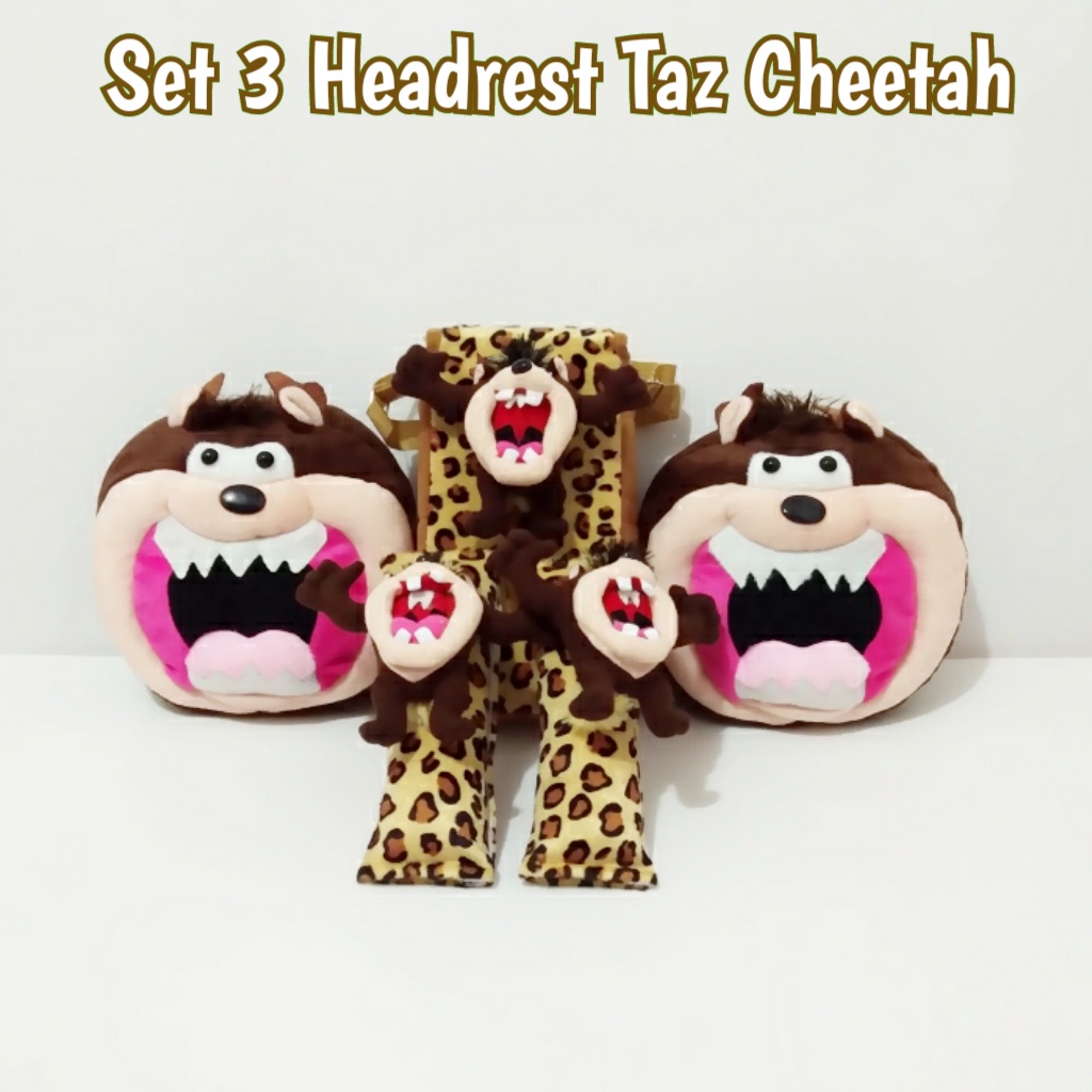 bantal mobil Sandaran Penyangga Set 3 Headrest Kepala Tazmania Cheetah ( tisu tas )