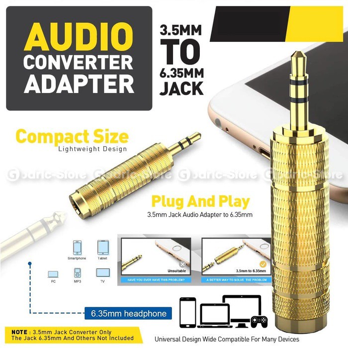 Audio Converter Gold Plated Jack 3.5mm to 6.5mm / 6.35mm Konektor Adapter Mic ke HP 6.5 to 3.5 mm