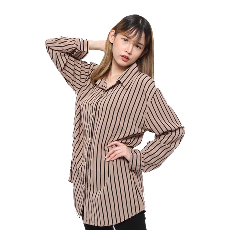 Kemeja Wanita Salur Atasan Blouse Monalisa Stripe Lengan Panjang Korean Style Motif Garis Garis Wolfis-3