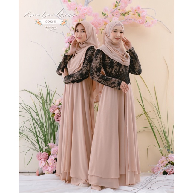 GlizHijab | Kinara Dress | Sarimbit 1 Set Gamis & Pashmina Bahan Babydoll Baju Kondangan Wanita Brokat Size XS - JUMBO-COKSU - BLACK