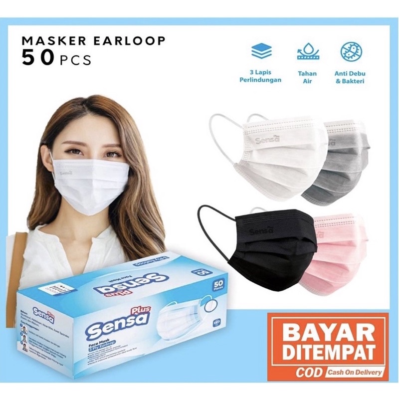 MASKER EARLOOP 3PLY SENSA PLUS 1BOX ISI 50pcs