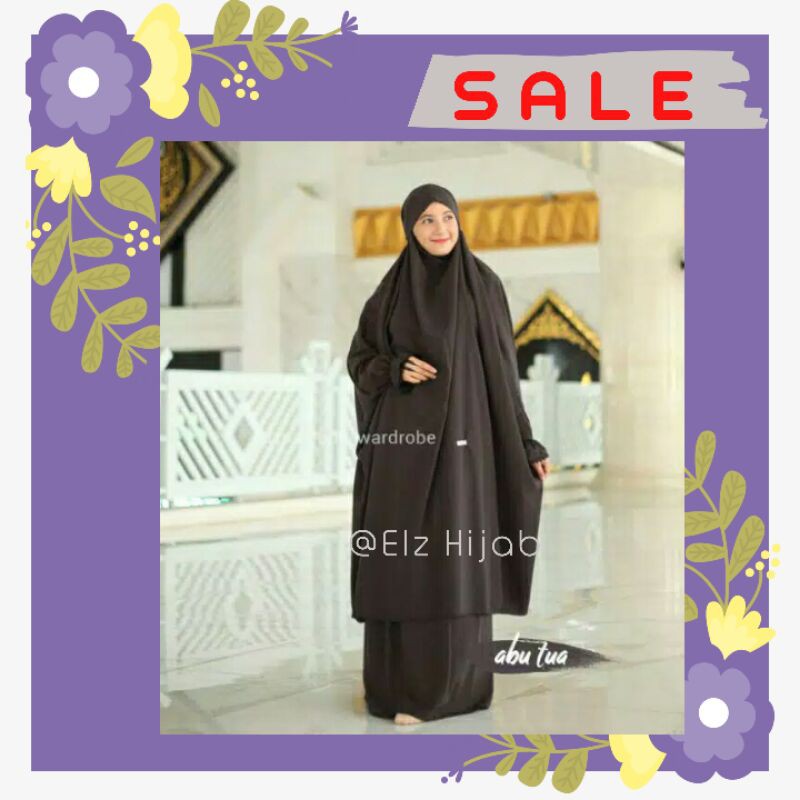 ELZ-French Khimar Set Rok Warna Abu Tua Simpel Manset Tangan Variasi Renda Hitam Wolfis Premium