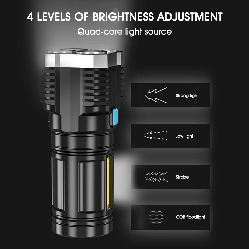 Lampu Senter 4-led Cob Genggam Portable Bahan ABS Anti Air Charge USB Untuk Outdoor / Camping / Hiking