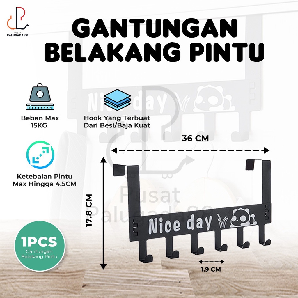 Gantungan Belakang Pintu 6 Kaitan Hook Hanger Nice Day Tanpa Paku Bor Baju Handuk Topi Tas Kait Selip