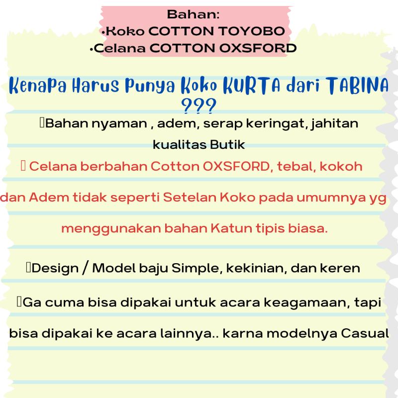 Setelan Koko Kurta Anak sampai Remaja Laki Laki Lengan Panjang dan Lengan Pendek Brand Tabina Seri Omar usia 2 tahun hingga 15 tahun