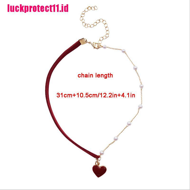 Kalung Choker Bentuk Hati Merah Aksen Mutiara Untuk Wanita