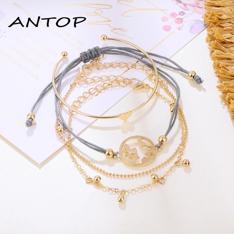 4Pcs Fashion Emas Cinta Pembukaan Vintage Gelang Set Wanita Perhiasan Aksesoris ANTOP