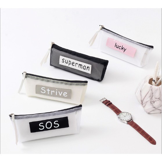 

EDW 934 Tempat Pensil Transparan Bahan Mesh Simple Tulisan Superman SOS ATK Pouch Dompet Cosmetic