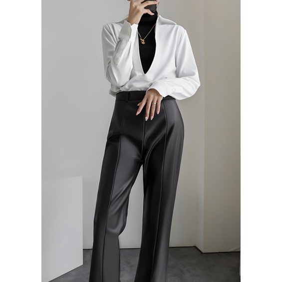 Celana Kulit Wanita Elegan Women's Pants Flare Leather 2022 Pinggang Tinggi By Tailor Labs - K560