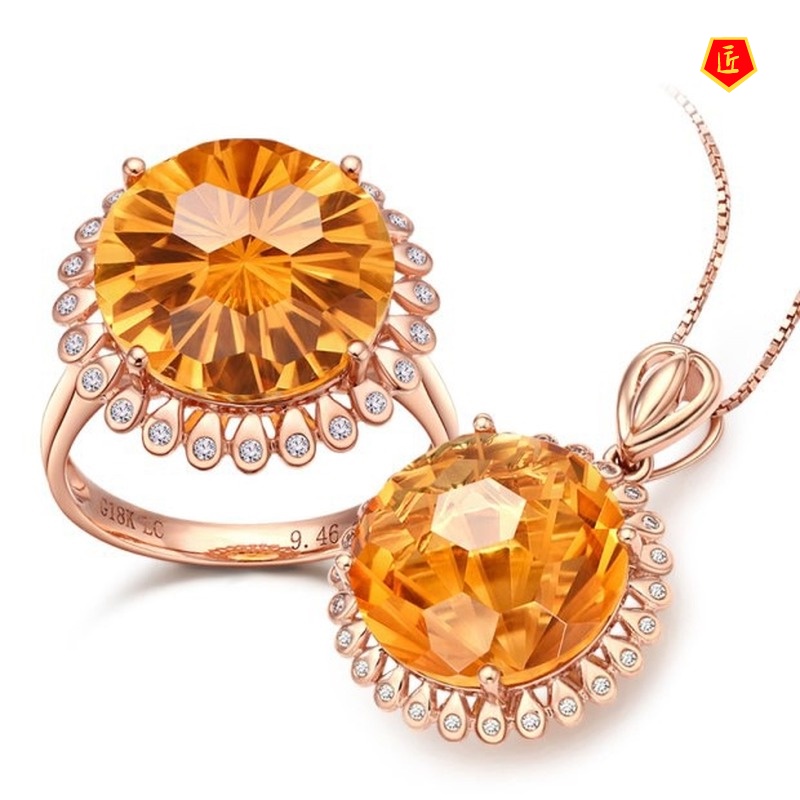 [Ready Stock]Colored Gems Citrine Ring Set Rose Gold Pendant