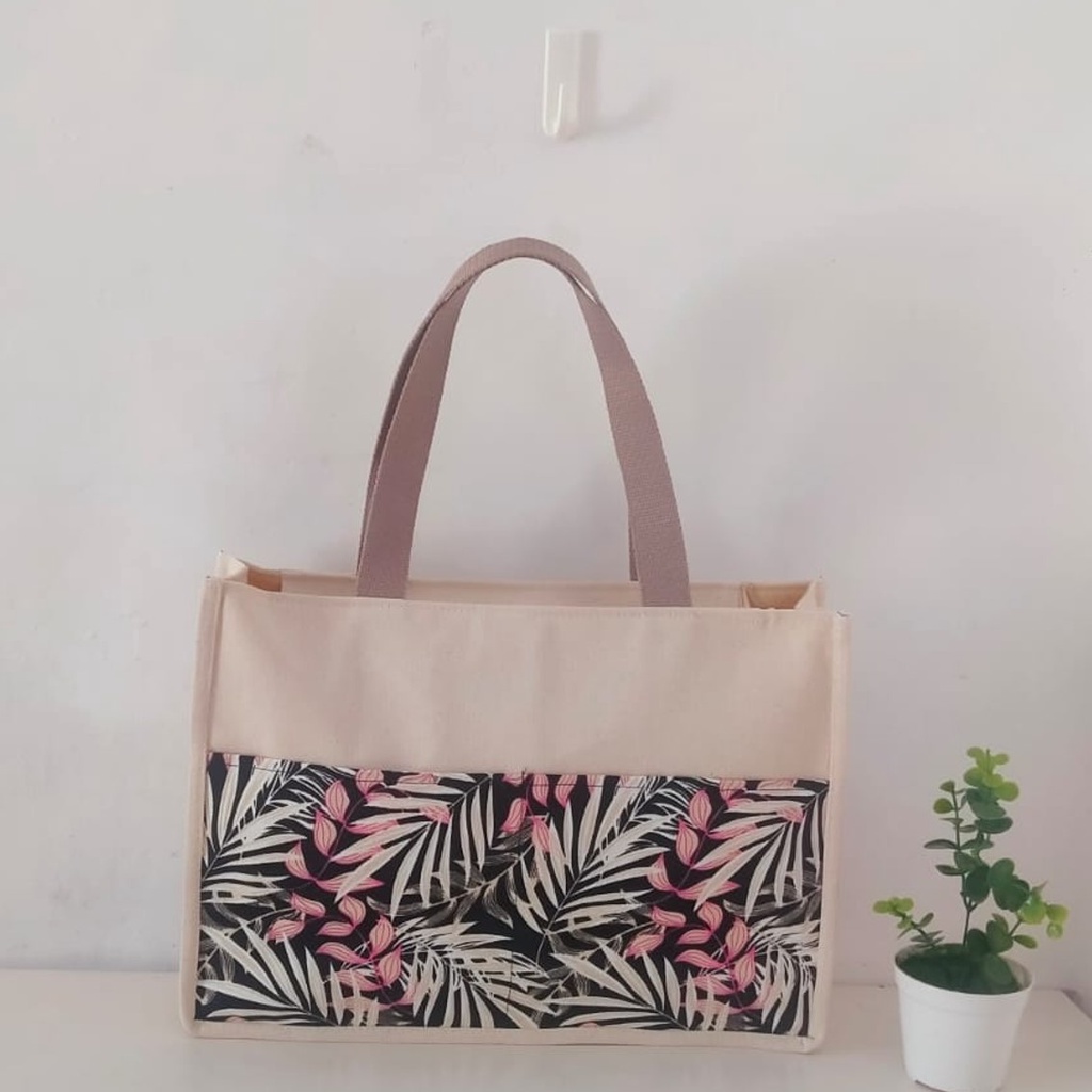 RIENS COLLECTIONS. TAS GONI WANITA KOMBINASI KANVAS MOTIF FLORAL PALM HITAM