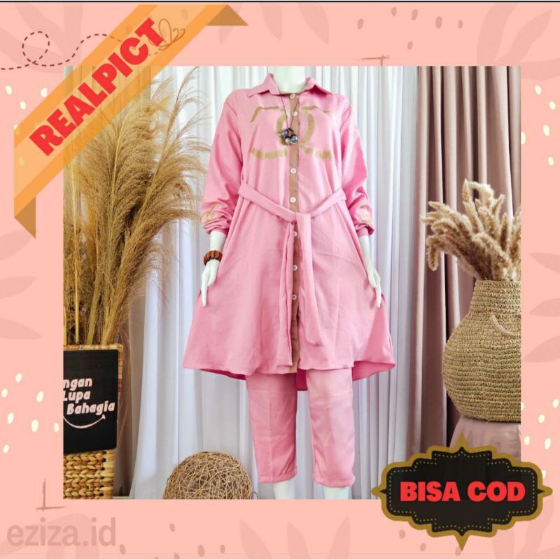 Oneset bordir chanel Oneset jumbo busui Setelan tunik busui setelan celana tunik chanel