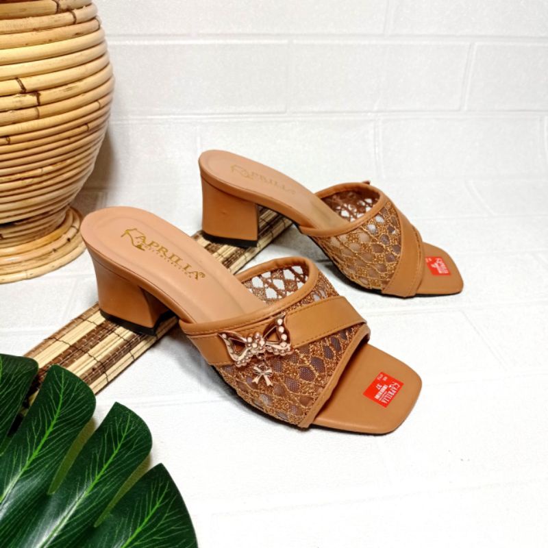 Aprilia sandal brukat wanita hak tahu 5cm/sandal slop slip on anti licin/sendal selop pesta wanita terbaru kekinian/heels brukat pesta