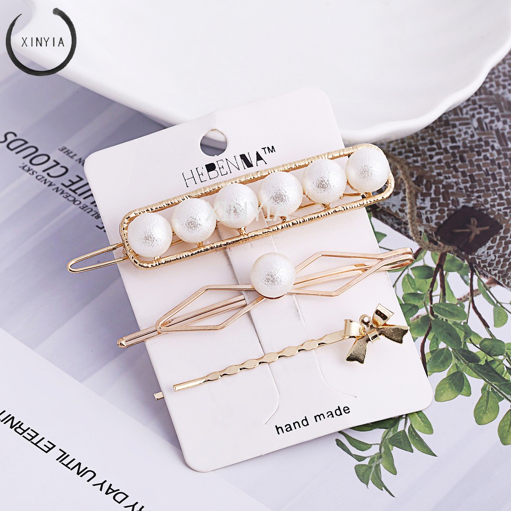 4Pcs / Set Klip Penjepit Rambut dengan Bahan Logam dan Mutiara Bergaya Korea