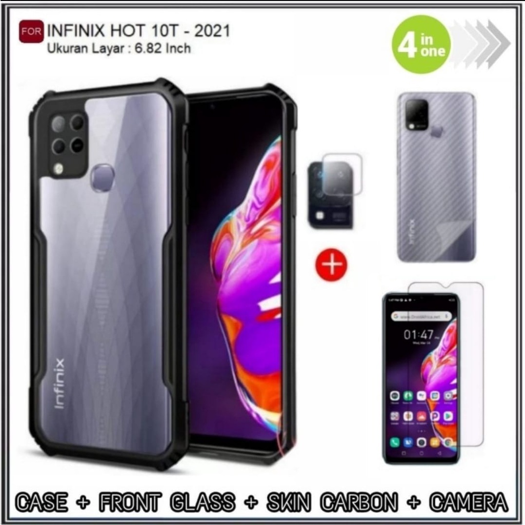 PAKET 4IN1 CASE Infinix Hot 10T Hard Soft Fusion Armor Shockprooft TPU HD Trasnparan Acrylic Casing HP Cover DI HANYCASE