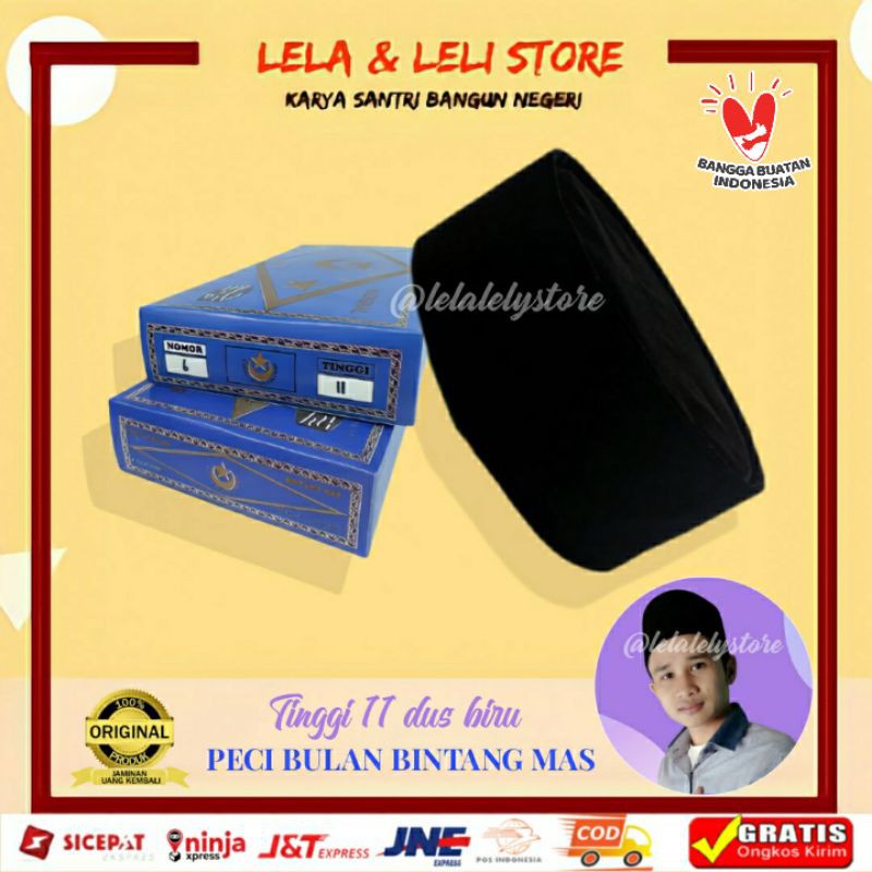 Songkok Hitam Bulan Bintang Mas Model Lipat Tinggi 11 Nomor 3 Sampai 12 Peci Pria Dus Biru