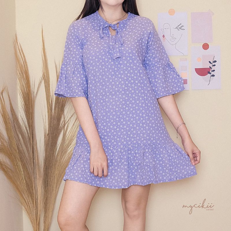MyCikii Lilac Mini Dress / dress lengan terompet / dress casual wanita / dress kawaii pendek