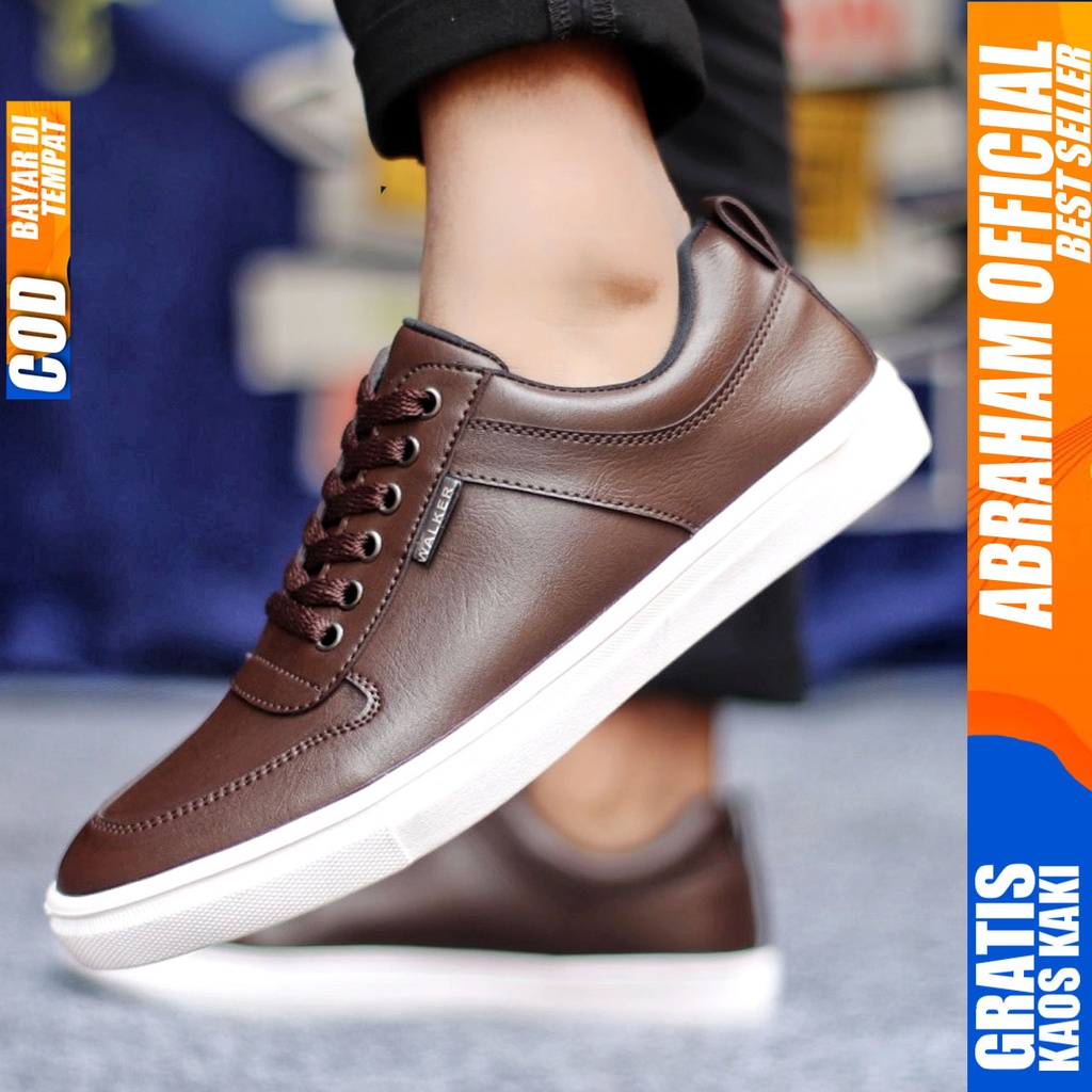 Sepatu Kasual Pria Sneakers Casual Kulit Pu Kerja Polos Hitam Coklat TIAGO ABRAHAM