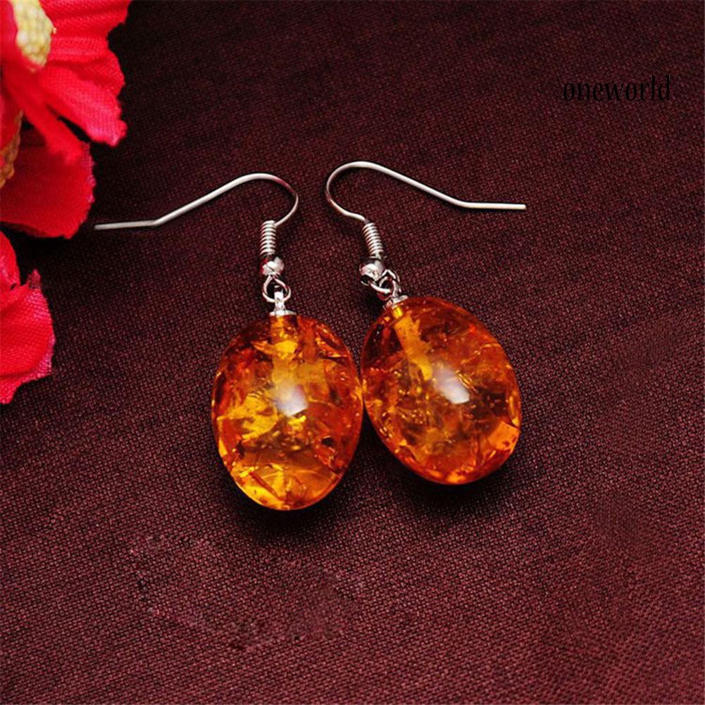 OW@ Vintage Oval Shaped Faux Amber Dangle Hook Earrings Women Piercing Jewelry Gift