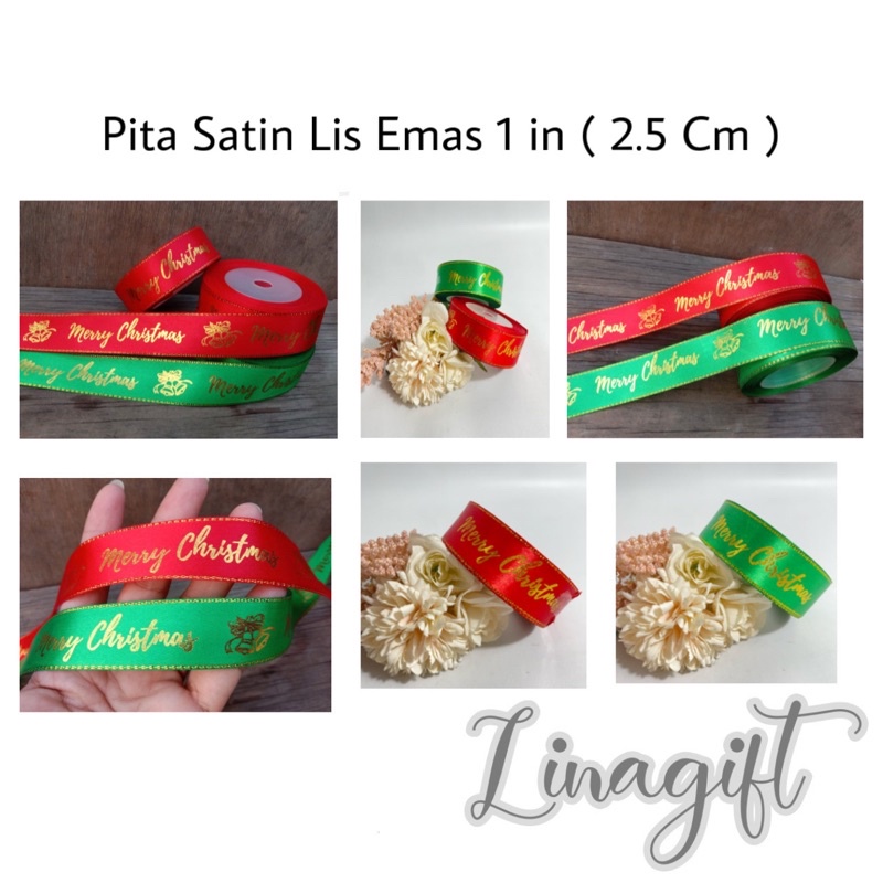 

( Rol - 20 yard ) PITA SATIN NATAL 1 INCH GOLD LIST - GIFT RIBBON MERRY CHRISTMAS LIS EMAS EXCLUSIVE XMAS