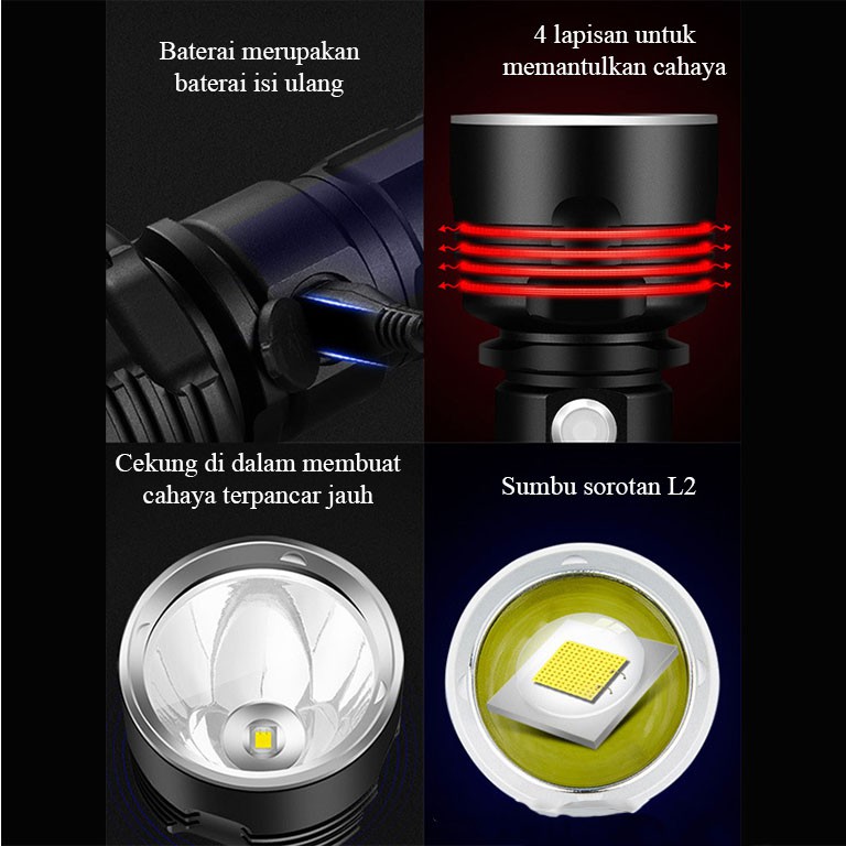 Lampu Senter Led Super Terang dan Waterproff Quality Premium Daya Baterai 26650 7200Mah Li-ioon