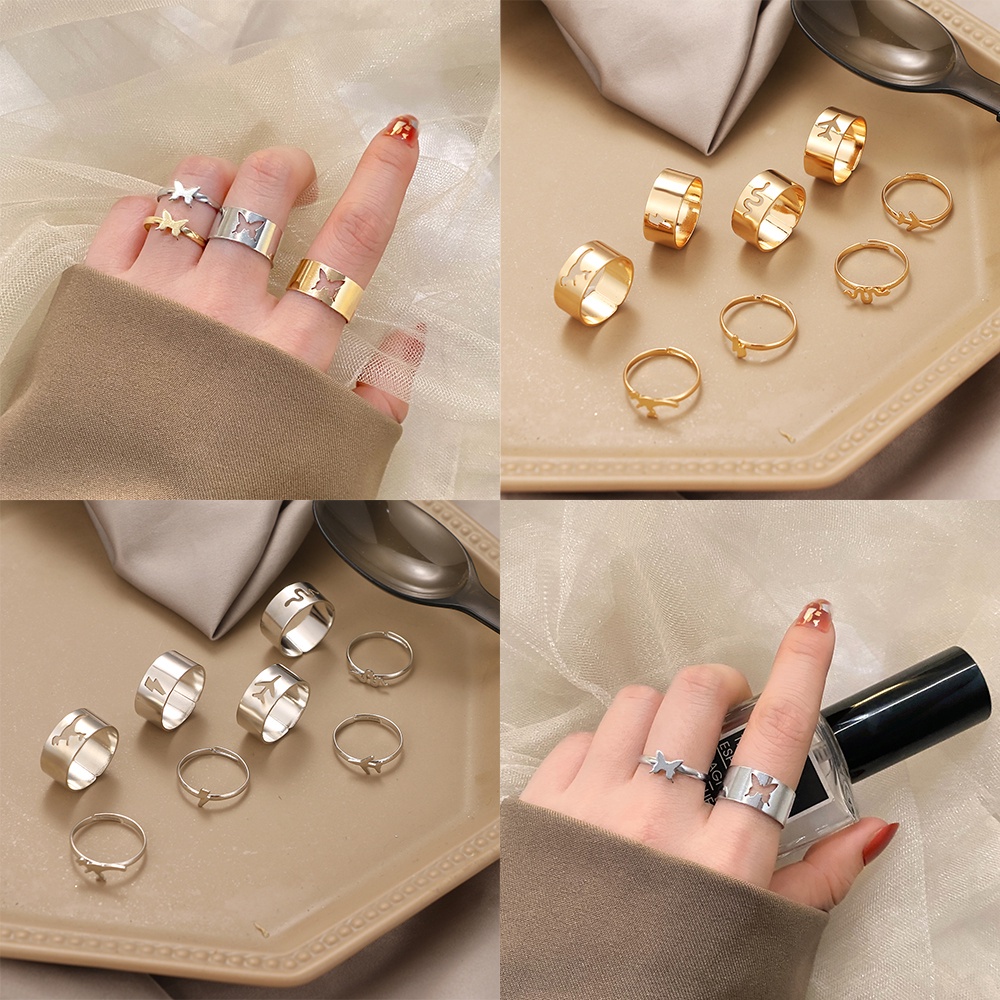 2pcs / Set Cincin Model Terbuka Dapat Disesuaikan Desain Kupu-Kupu Gaya Vintage Punk Untuk Unisex