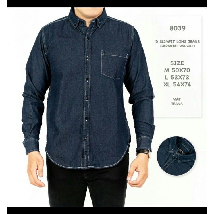 Kemeja Jeans Denim Navy Biru Tua Lengan Panjang Baju Distro Gaya Pria Casual Manly New Arrival