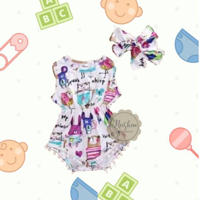 Baju Bayi Perempuan Set Bandana Bando Baby Girl Jumper Romper Bodysuit Dengan Headband Motif Kartun