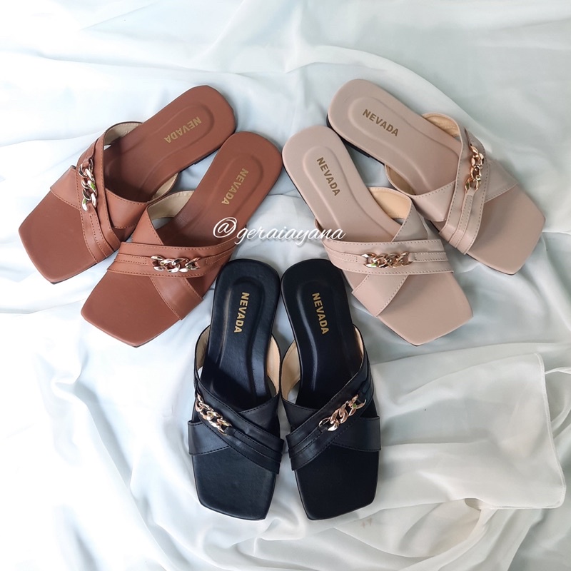 DISKON DAY! Sandal Slop Wanita - Sandal Wanita Nevada - Sandal Ringan Lentur Sandal Silang Rantai