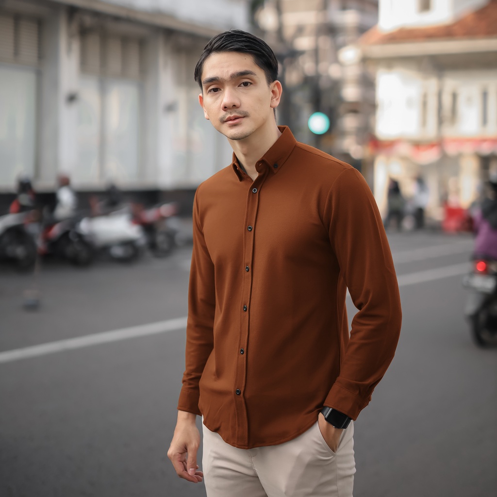 BROGUY Kemeja Polos Casual Slimfit Pria Lengan Panjang Pique Size M - XXL