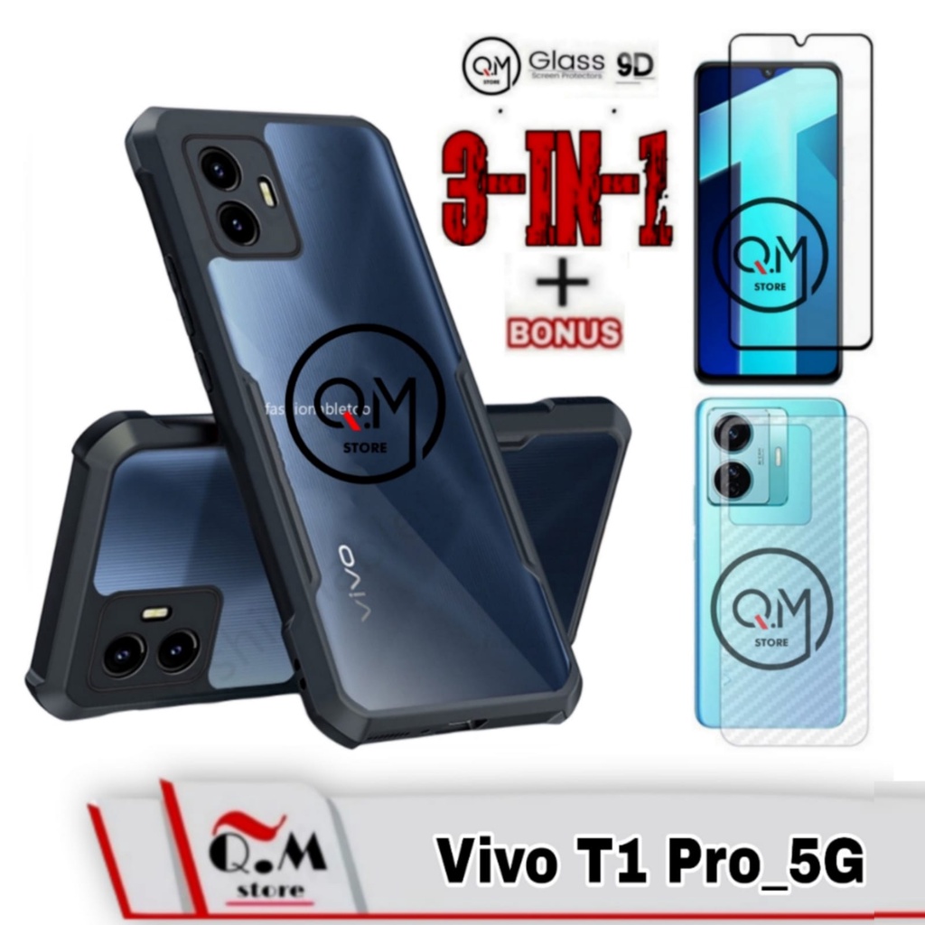 Paket 3 in1 Case Transparan Vivo T1 Pro 5G / Vivo T1 5G Softcase Transparan Armor Acrilik Pelindung Back Cover