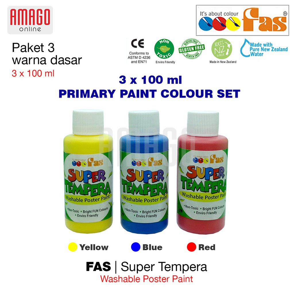 FAS Super Tempera Primary Colour Set - Cat Lukis Sekolah - Paket 3 Warna dasar Yellow Blue Red 3x100 ml