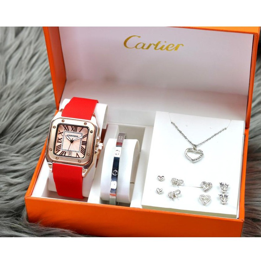 [ COD ] Jam Tangan Fashion Wanita Cartier PW Strap Rubber Tanggal Aktif Plus Set Paket Merlose