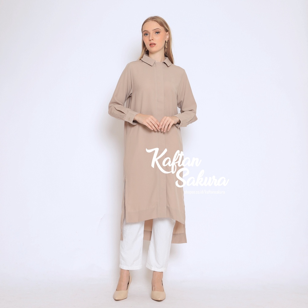 atasan tunik wanita LONG SHIRT warna nude Kemeja tunik polos lengan panjang, Long outer wanita Jumbo S - XL bahan Tencel Cotton