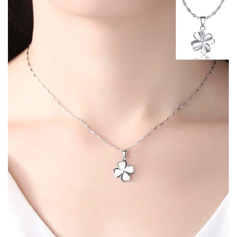 Kalung + Liontin Wanita CLOVER D-2 Silver Perak S925 ANTI KARAT Rantai Perhiasan Gaya Korea