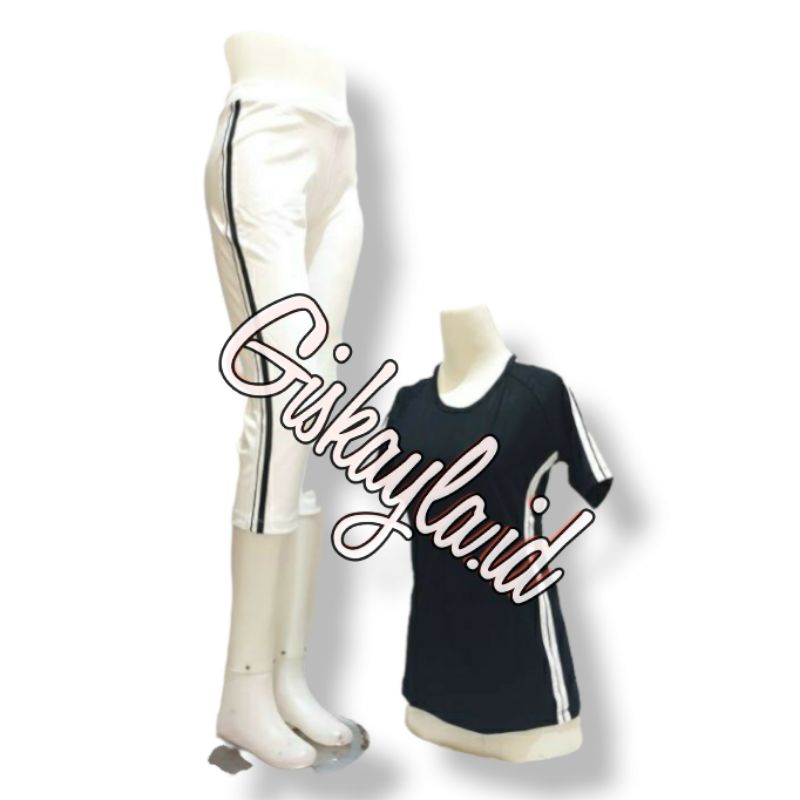 Setelan senam pendek yovis baju senam pendek celana senam pendek olahraga wanita - HITAM PUTIH