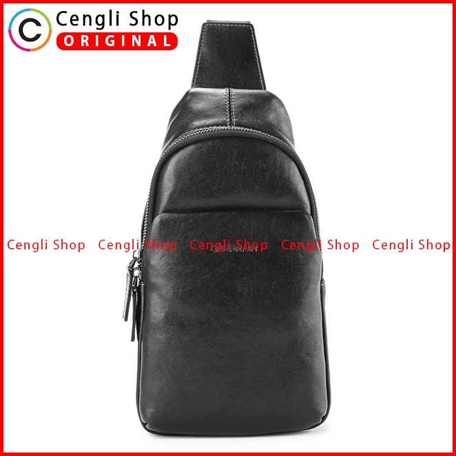 TAS SELEMPANG DADA/BADAN KULIT PRIA OBERMAIN LEATHER SLING CHEST/BODY BAG ORIGINAL HITAM BLACK OM011