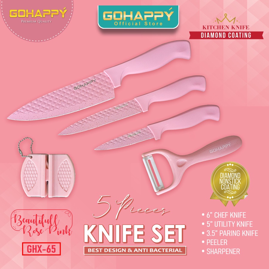 Pisau Diamond Pastel Cut 5 in 1 set Pastel PREMIUM 5in1 pisau dapur masak pengupas potong-Beautiful Pink or Great Turqoise- Pisau Keramik Pastel Pisau Stainless