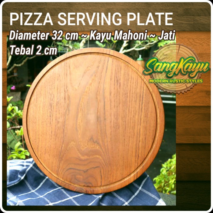 Piring pizza kayu 32x2cm talenan pizza nampan pizza serving board kayu - Kayu mahoni