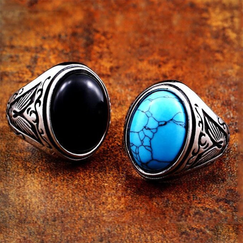 Turquoise &amp; Onyx Hitam Cincin Jari Perhiasan Fashion Punk Baja Titanium Perak Vintage