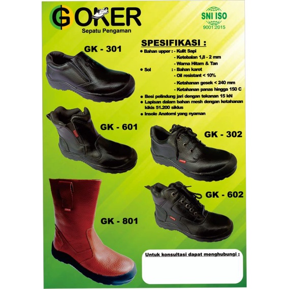 Sepatu Safety Kulit Sapi Asli GOKER 301 Ujung Besi Baja Pelindung Kualitas SNI Pengaman Kerja Premium King Proyek Lapangan Septi Pria Murah Man Shoes Boot Tali Slip On King