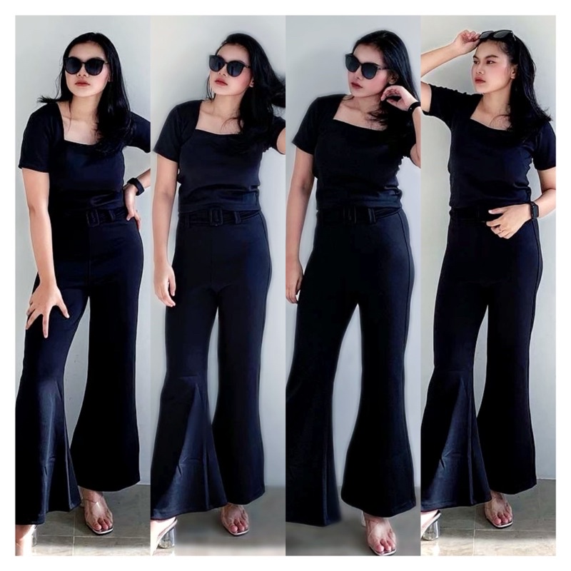 Setelan Fashion Wanita Scuba Hitam Celana Cutbray Free Belt / Atasan fashion Wanita Crop Square / Ba