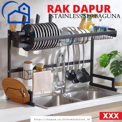 Rak Piring Wastafel Rak Cuci Piring Besi Stainless Hitam Rak Dapur 85CM