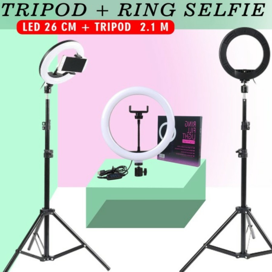 PAKET RING LIGHT 26M 10 INCH GRIP TRIPOD 2,1 METER TIKTOK VIDEO MAKE UP LAMPU VLOG 210CM