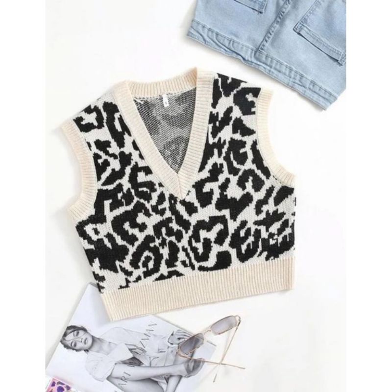 V Neck vest Leopard Rajut Import