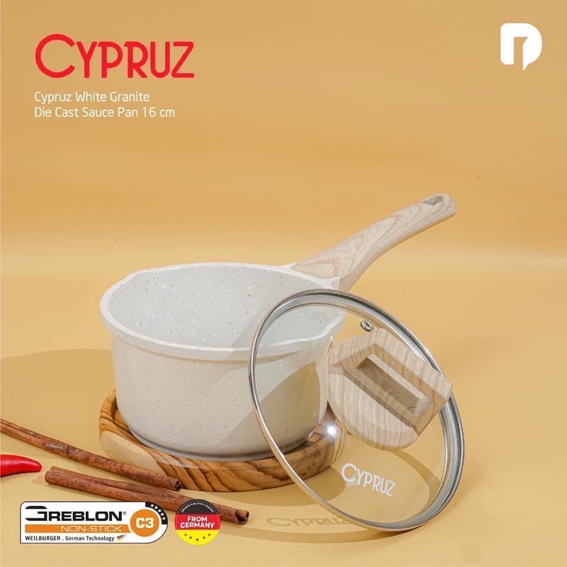 Cypruz Saucepan Tutup Kaca 16cm Granite Greblon Putih