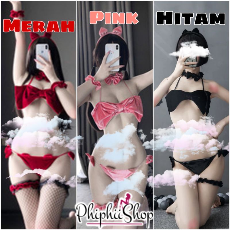 PREMIUM Bikini Set Bra Model Pita Sexy Bahan Beludru + Bando Kucing Cat Woman Aksesoris Kostum Lingerie