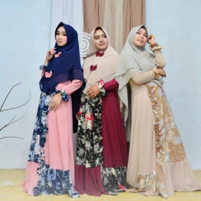 Set Gamis Menyusui Cerutty Sifon motif khimar babydoll pita polos syari baju muslim pesta