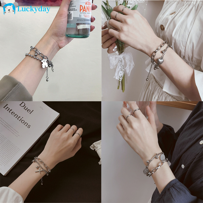 YEEZII Set Gelang Liontin Salib Hati Beruang Model Lapis Ganda Untuk Aksesoris Perhiasan Wanita