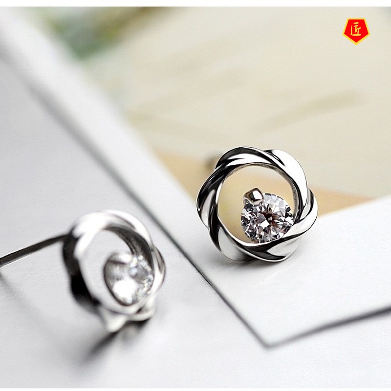 [Ready Stock]Female Silver Simple Diamond Garland Stud Earrings